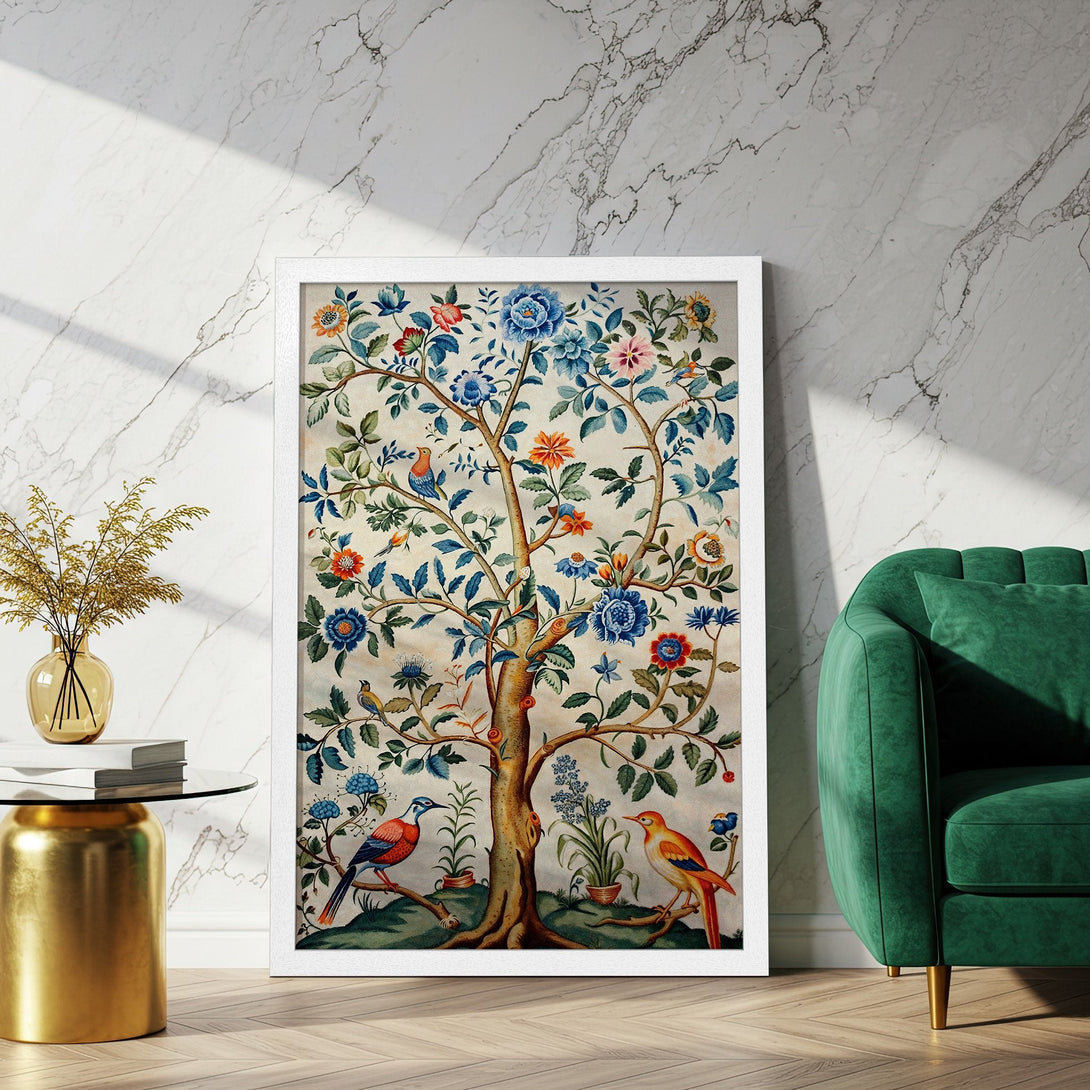 Framed Poster featuring a vibrant tree with birds, botanical style, in a colorful palette of blues, reds, and greens. Perfect wall art!