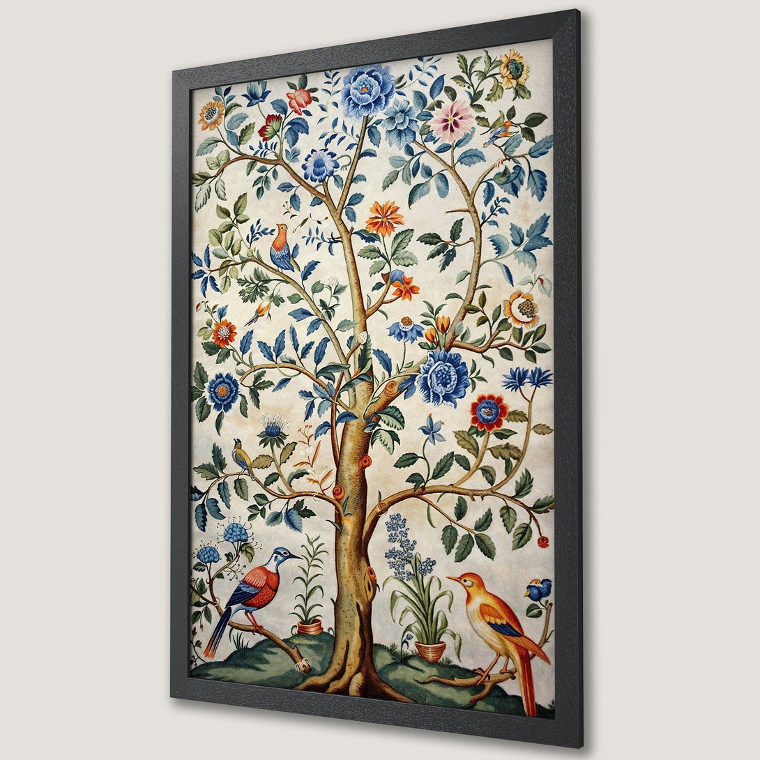 Framed Poster featuring a whimsical tree with birds, in a vintage watercolor style with a blue, orange, and green color palette.