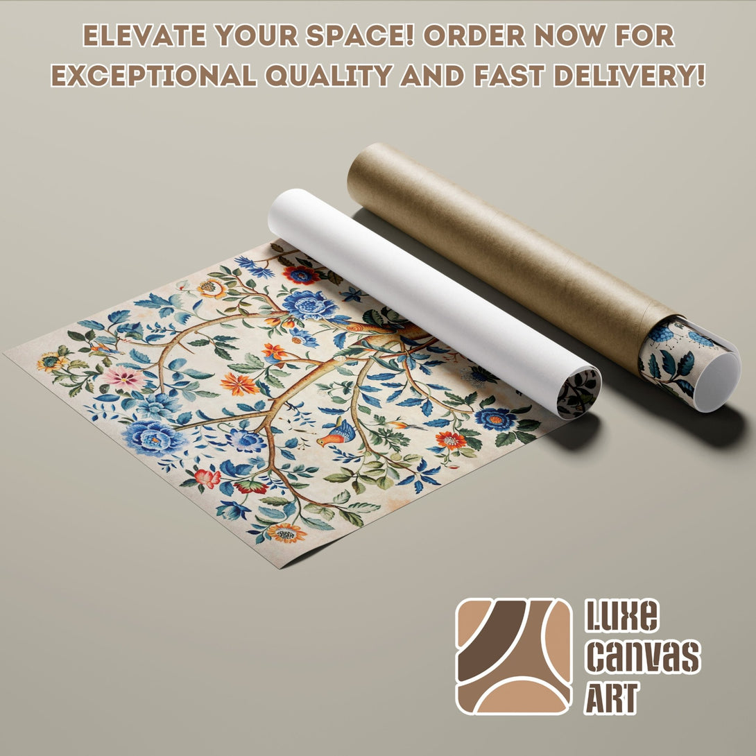 Poster Roll featuring a floral botanical print. Vintage style with blue, orange, and beige hues. Elevate your space with art!