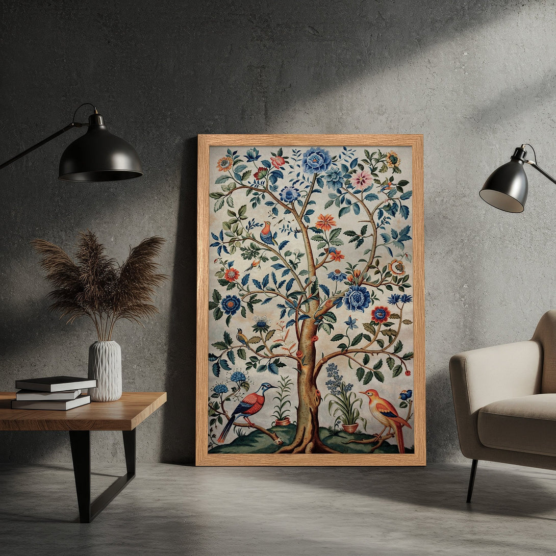 Framed Poster featuring a vintage floral tree design with birds, in a soft blue, orange, and green color palette. Perfect wall art!