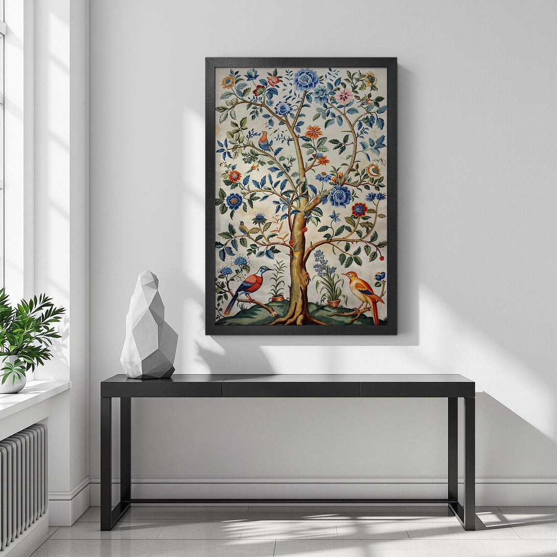 Framed Poster featuring a vintage tree and bird design with a floral pattern in a blue, orange, and beige color palette. Perfect wall art!