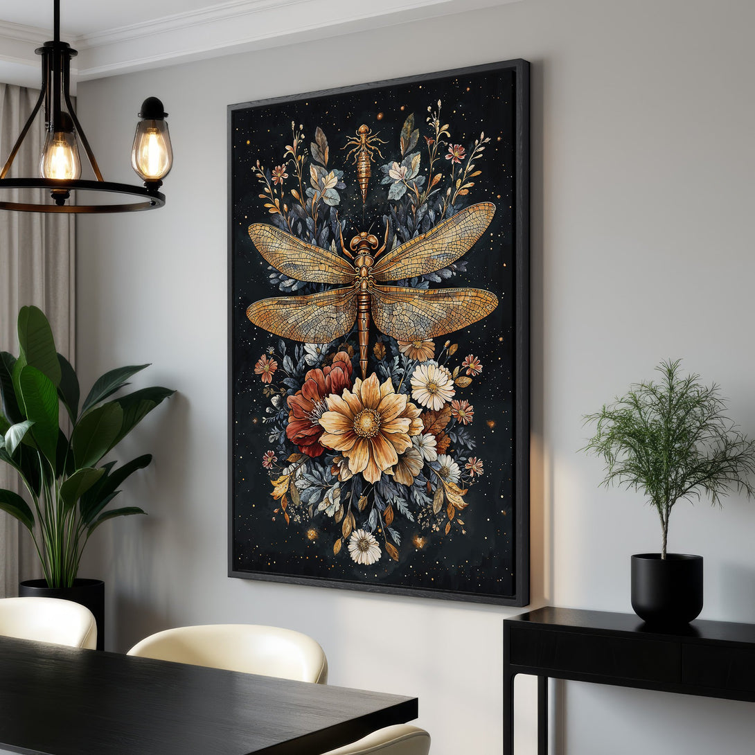 Framed Wall Art featuring a stunning dragonfly design in warm gold and orange tones against a dark, celestial background. Perfect for adding artistic flair!