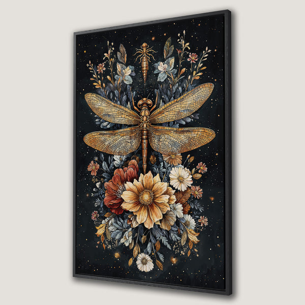 Framed Wall Art featuring a watercolor dragonfly and floral design. Earthy tones and dark background create a captivating and stylish canvas print.