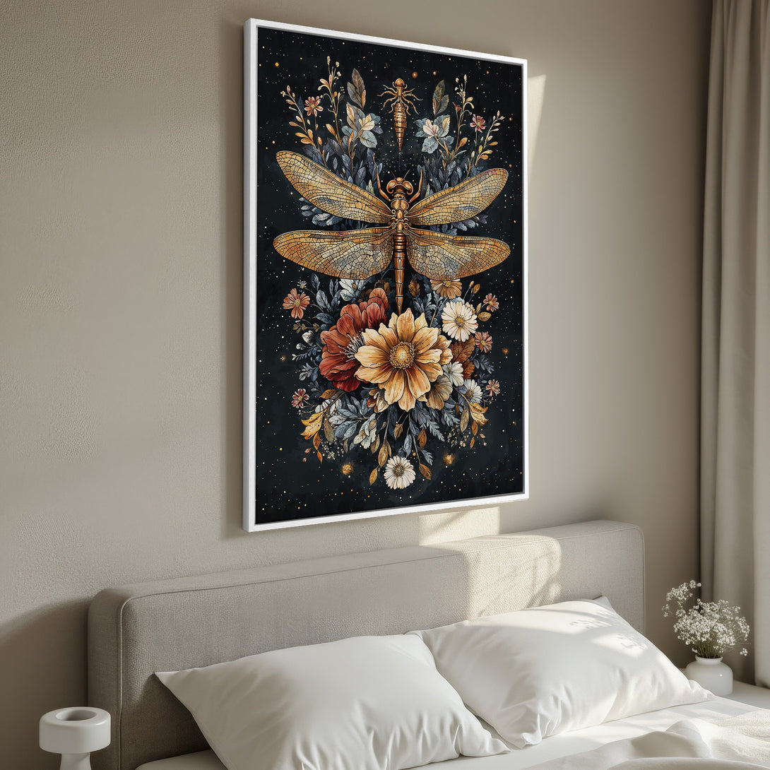 Framed Wall Art featuring a detailed dragonfly and floral design in warm gold, orange, and blue tones against a dark background. Perfect for adding elegance.