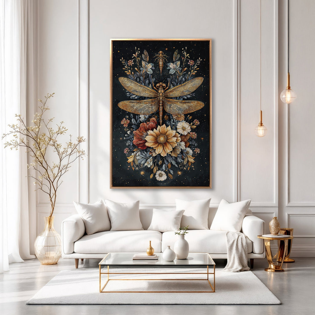 Framed Wall Art featuring a dragonfly and floral design in a dark, moody palette with gold accents. Perfect for adding elegance to your home decor.