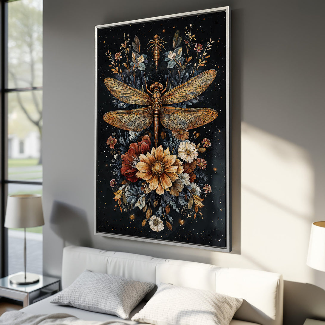 Framed Wall Art featuring a detailed dragonfly and floral design. Earth-toned palette against a dark background. Perfect for adding a touch of nature to your home decor.