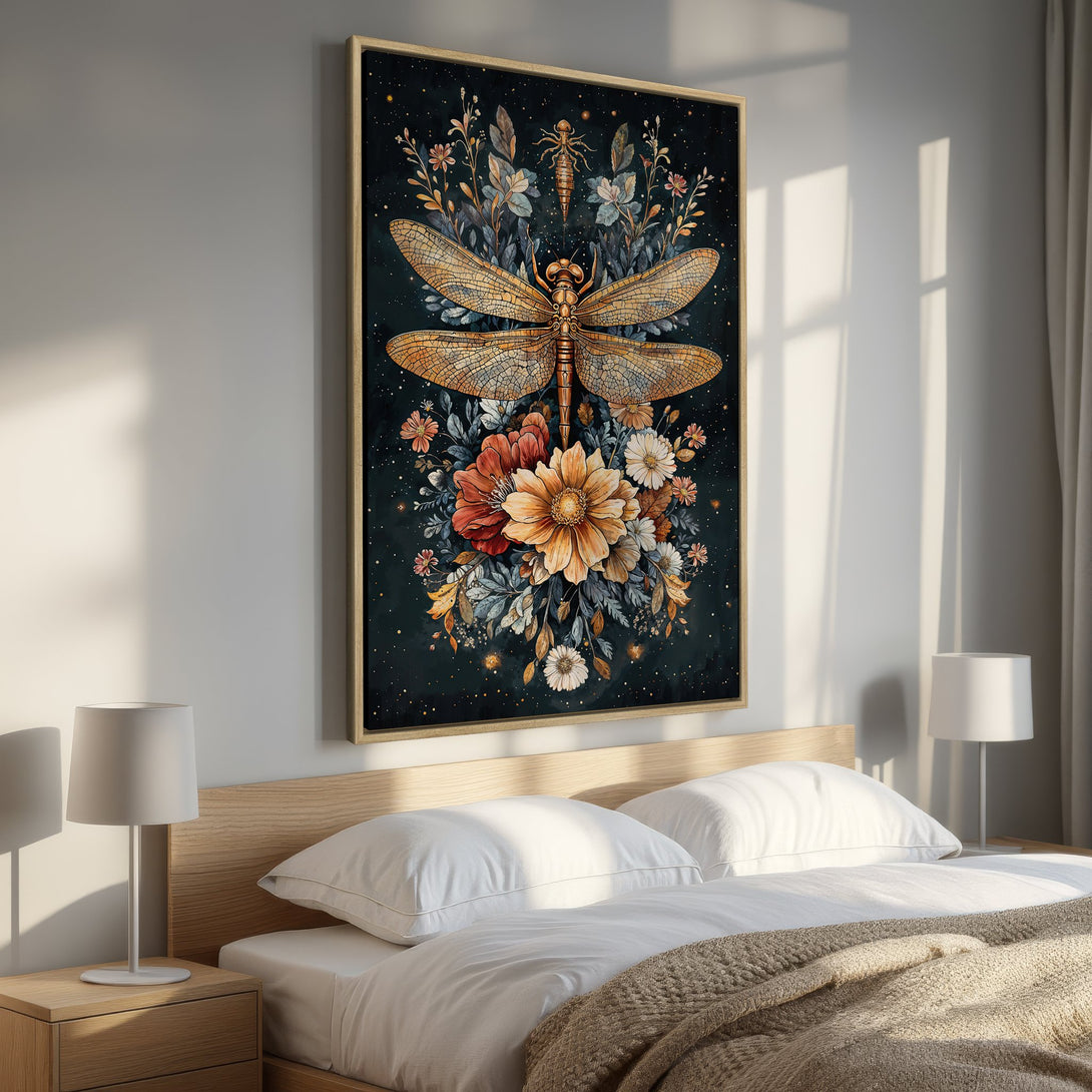 Framed Wall Art: Stunning dragonfly art print with warm gold and floral accents on a dark background. Perfect for bedroom decor. Shop now!