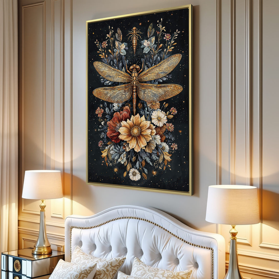 Canvas Print featuring a detailed dragonfly and floral design. Elegant, watercolor style with a dark, moody color palette. Perfect wall art!