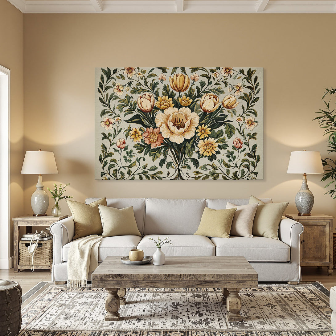 Framed Wall Art: Floral Canvas Print in a dining room. Vintage style with a warm color palette of yellow, peach, and green. Perfect for home decor.