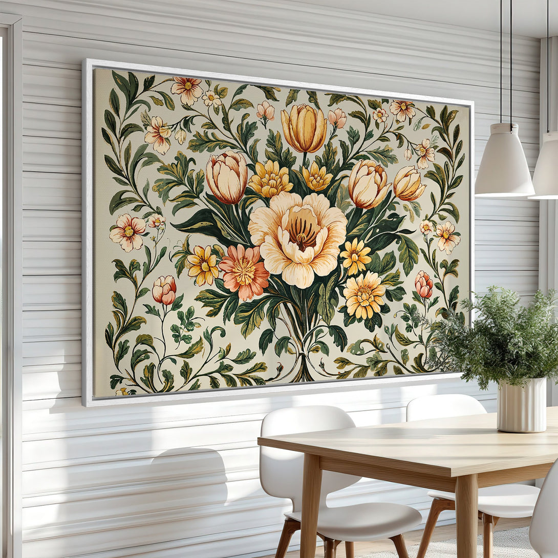 Framed Wall Art featuring a floral botanical print in a vintage style. Warm color palette with cream, yellow, and green tones. Perfect for adding elegance to your space.