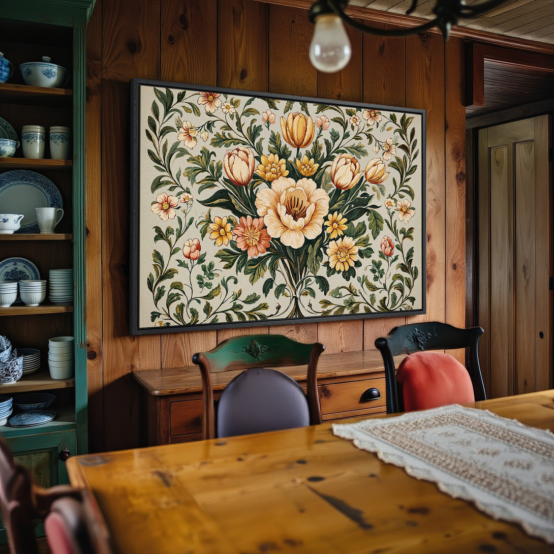 Framed Wall Art: Floral canvas print in a vintage style. Features a cream, peach, and green color palette, perfect for adding warmth to any room.