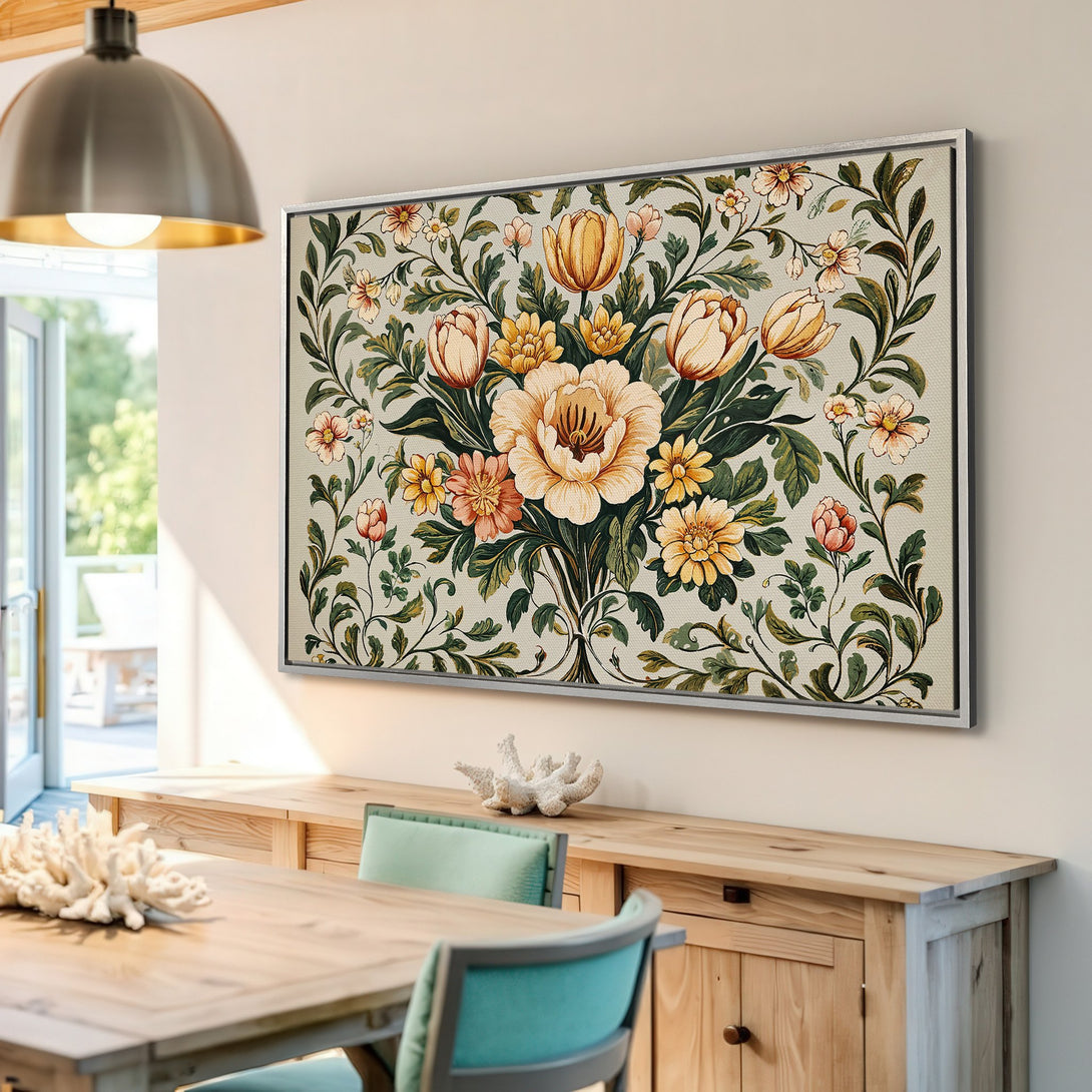 Framed Wall Art: Floral botanical print in warm yellow and green tones. Perfect for adding a touch of vintage charm to your home decor.