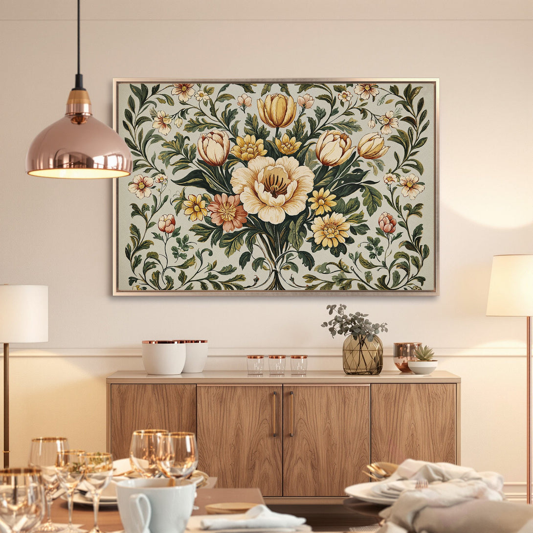 Framed Wall Art: Floral print in muted yellow, green, and pink tones. Perfect for adding a touch of elegance to your dining room. Shop now!