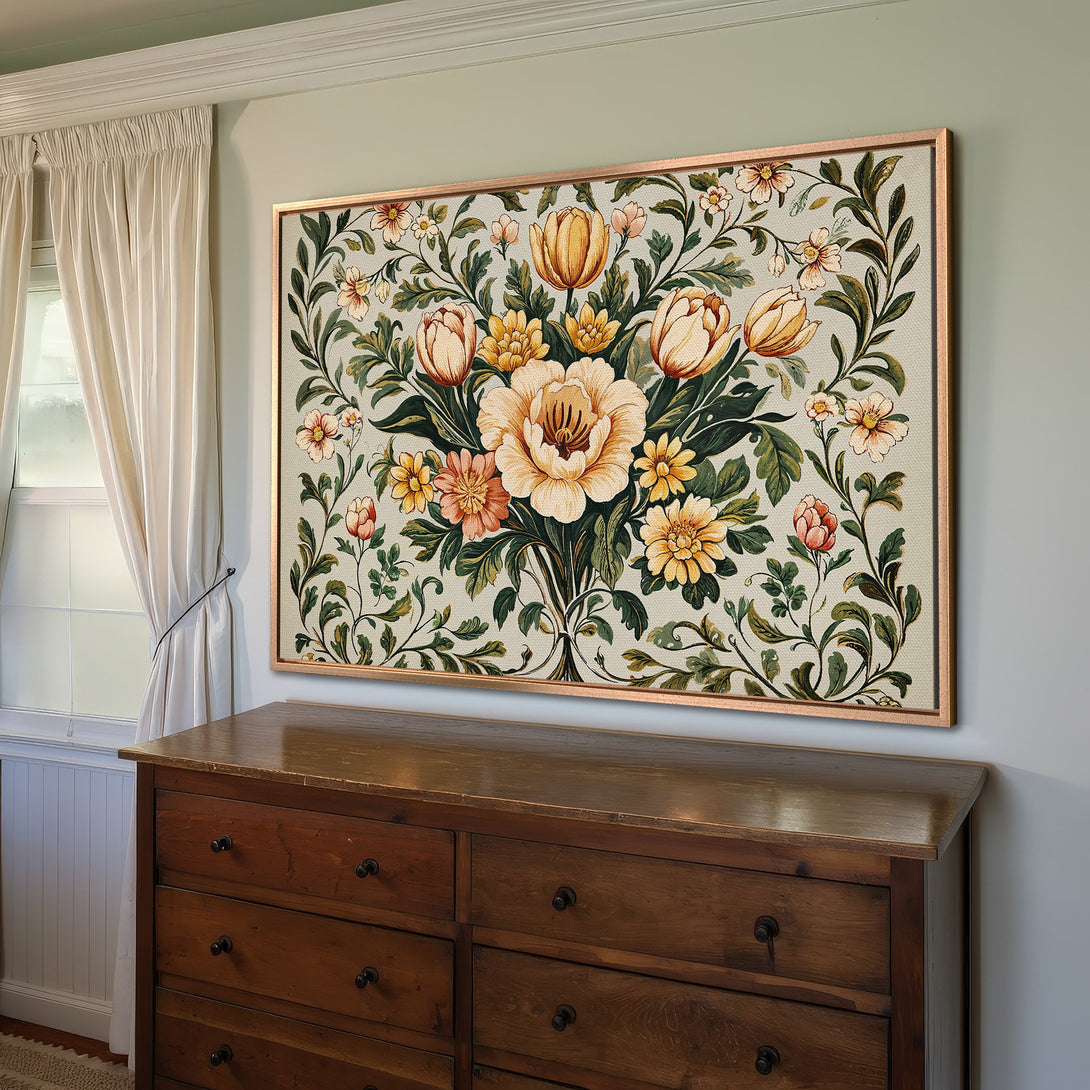 Framed Wall Art featuring a floral design with a vintage style. Warm color palette with yellows, oranges, and greens. Perfect for home decor!