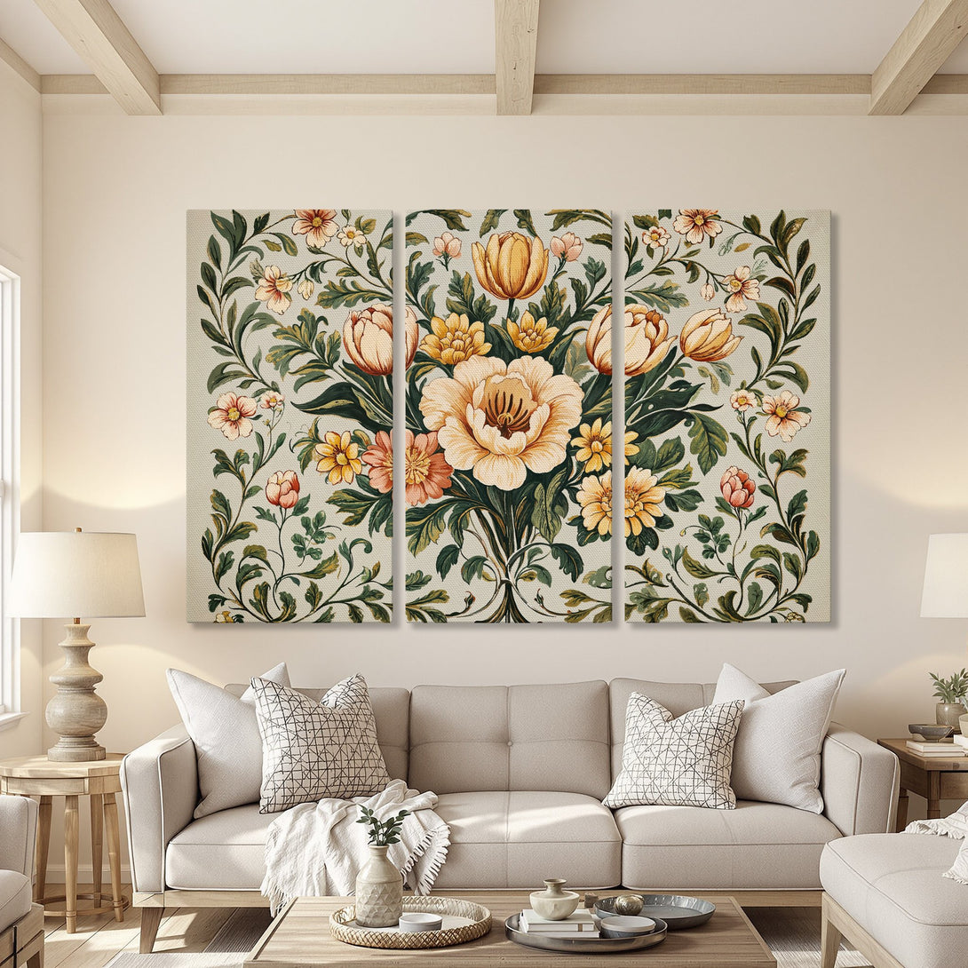 Canvas Print featuring a floral design in a vintage style. Warm, neutral color palette with pops of yellow, peach, and green.
