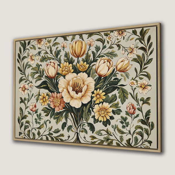 Framed Wall Art featuring a vintage floral bouquet in warm yellow, peach, and green tones. Perfect for adding a touch of elegance!