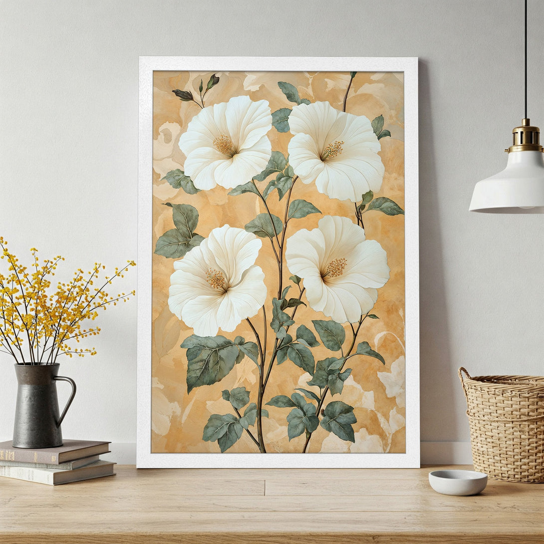 Framed Poster featuring elegant white floral art with a warm yellow and green color palette, perfect for home decor.