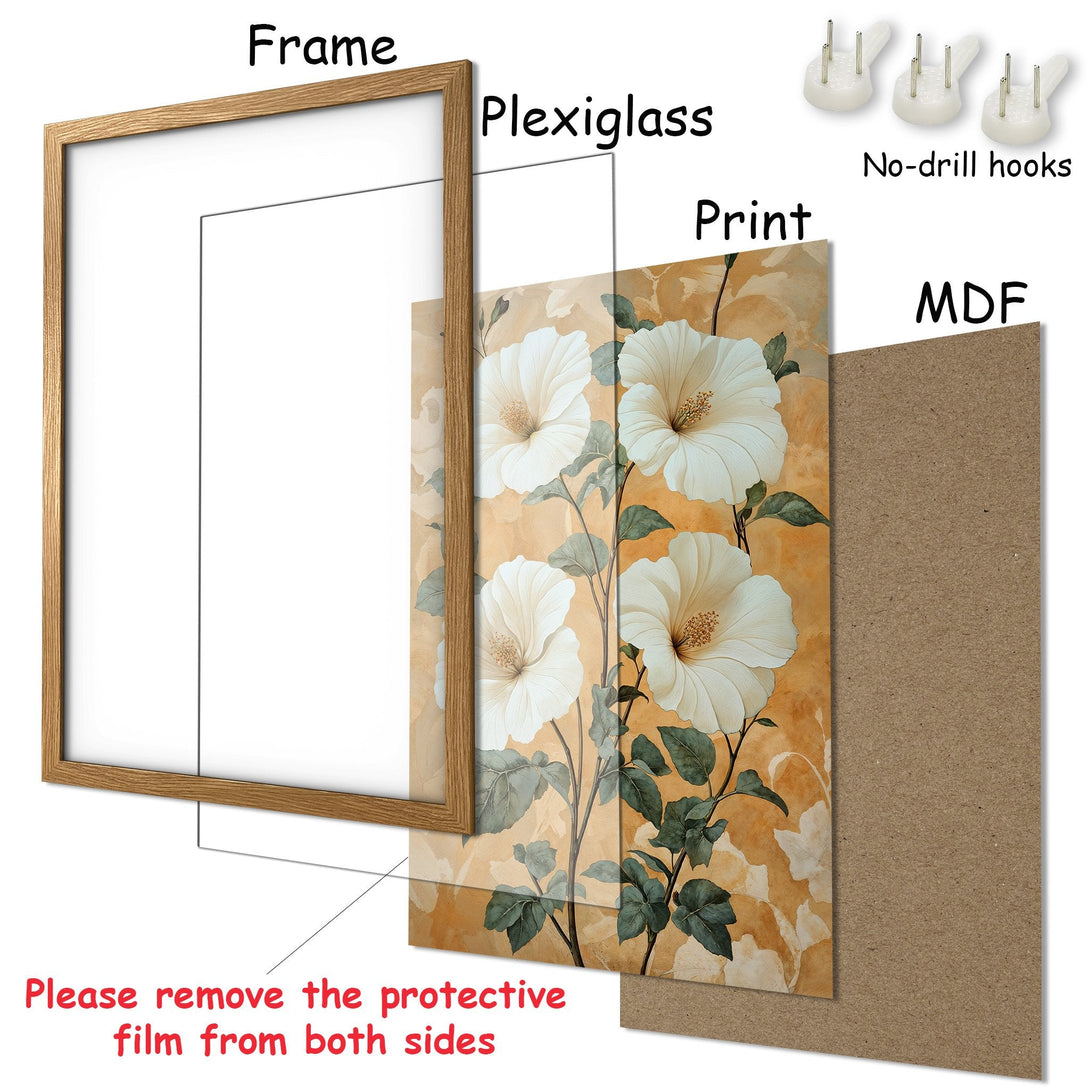 Framed Poster featuring elegant white floral art in a warm, neutral color palette. Perfect wall decor for a touch of nature!