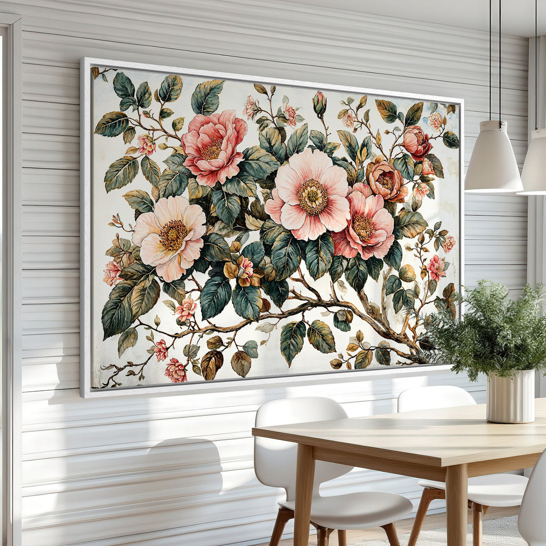 Framed Wall Art featuring a watercolor floral design in soft pinks, greens, and browns. Perfect for adding a touch of elegance to any space.