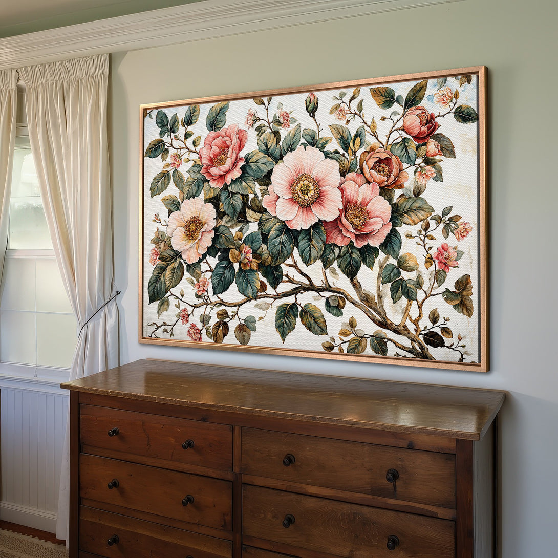 Framed Wall Art featuring a floral watercolor print with pink and green hues, perfect for adding elegance to any room.