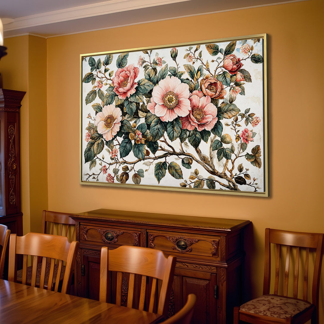 Canvas Print of a floral watercolor painting in a living room. Features pink and green blooms, neutral tones, and a vintage aesthetic.