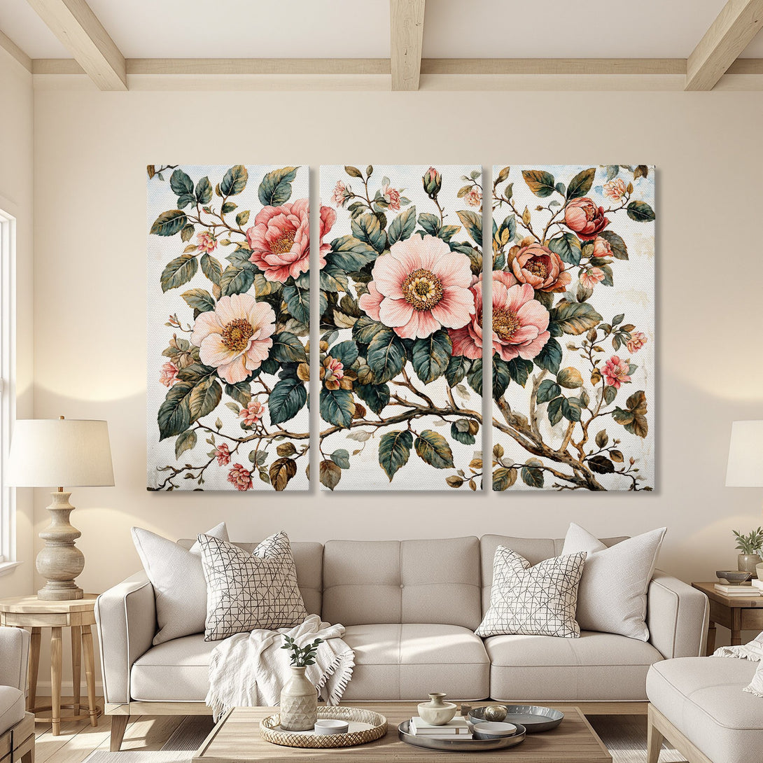 Elegant Canvas Print triptych featuring watercolor floral art in pink, green, and cream tones. Perfect for adding a touch of nature-inspired art to your home decor.