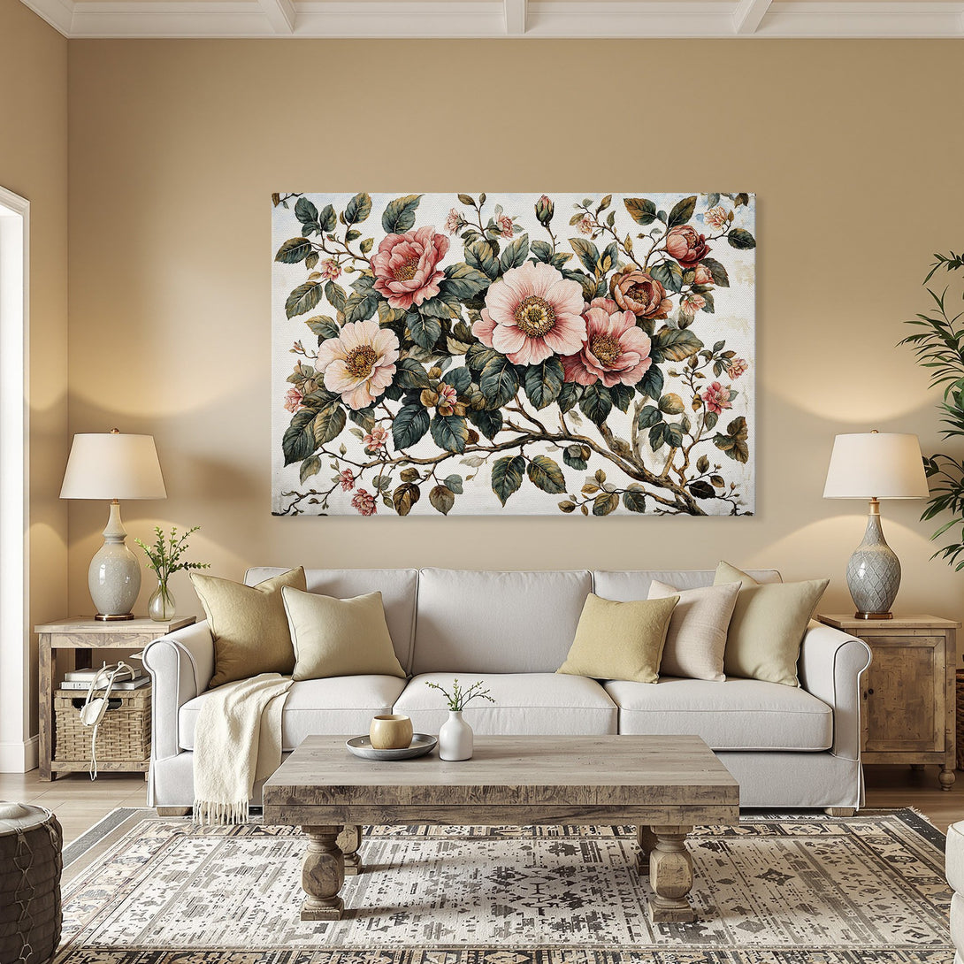 Framed Wall Art featuring a floral watercolor painting with pink and green hues, displayed in a dining room. Enhance your space with this elegant Canvas Print.