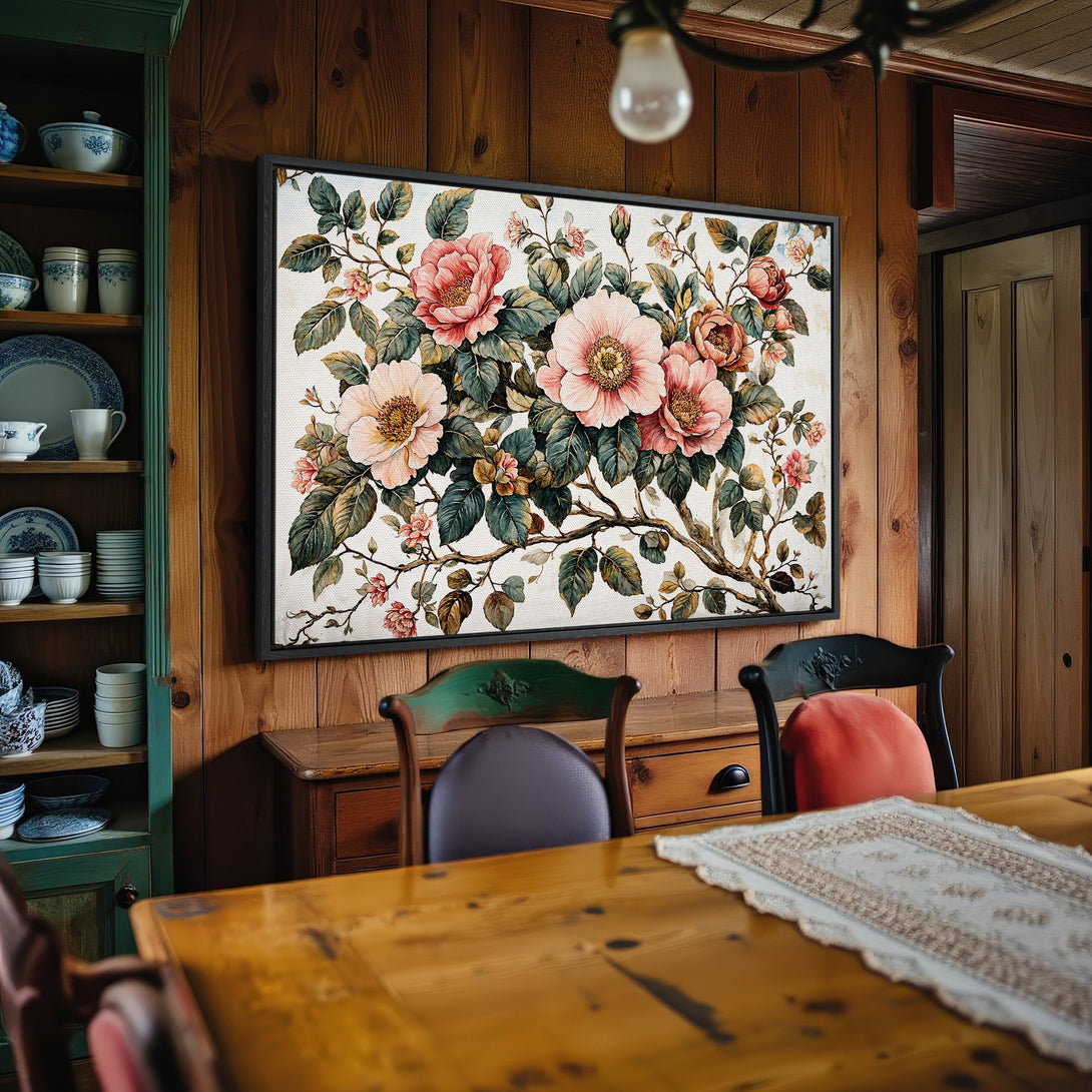 Framed Wall Art: Vintage floral Canvas Print in a rustic interior. Soft pink and green botanical art adds warmth and charm to your home decor.