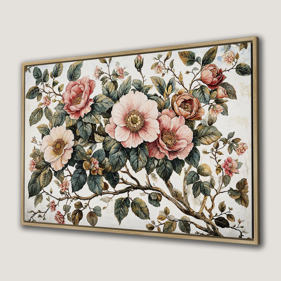 Framed Wall Art featuring a watercolor floral design with pink and green hues. Elegant botanical art for home decor.