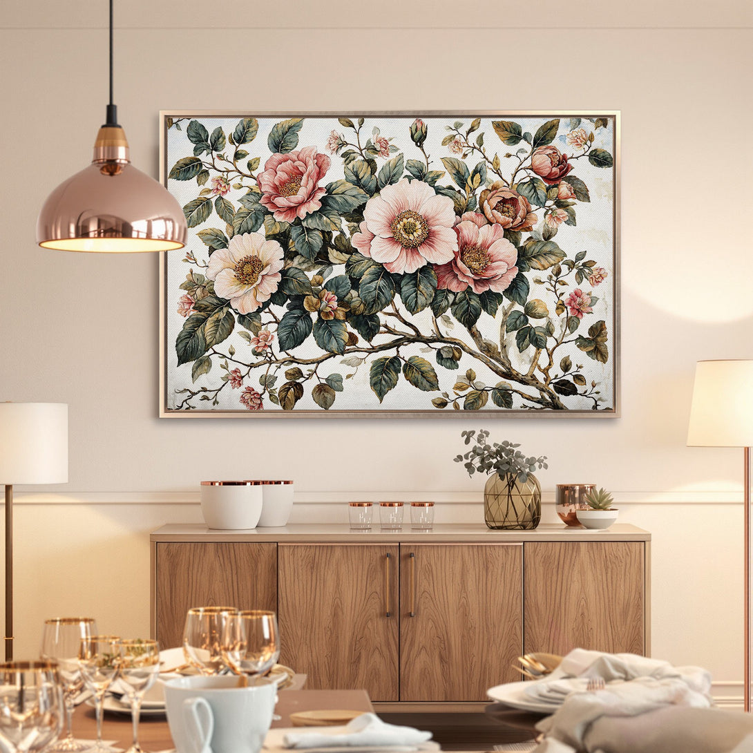 Framed Wall Art: Elegant floral Canvas Print with blush pink and green tones, perfect for adding a touch of sophistication to any interior.