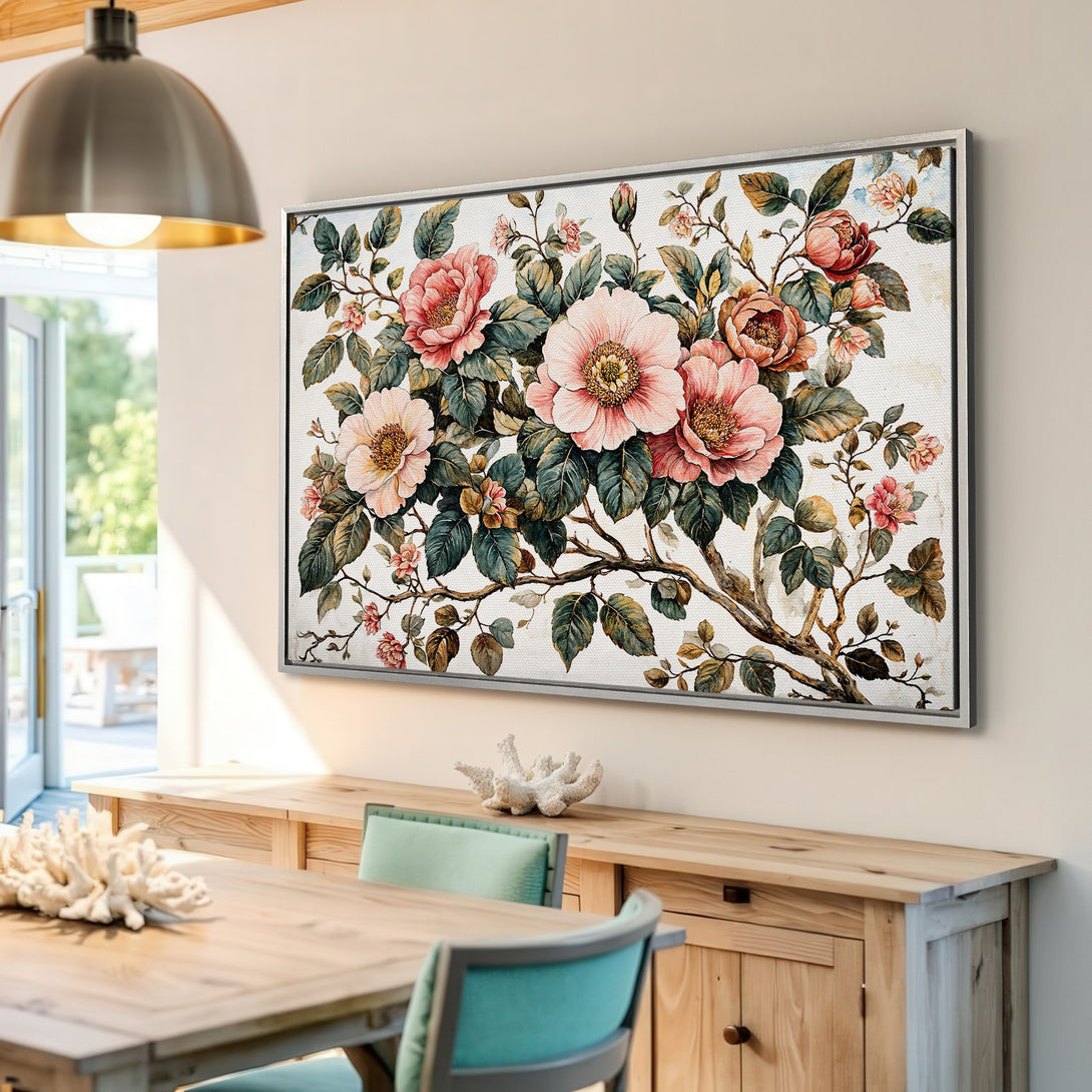 Framed Wall Art: Watercolor floral print in pink and green hues, perfect for adding a touch of elegance to any room. Shop our stunning Canvas Print collection!