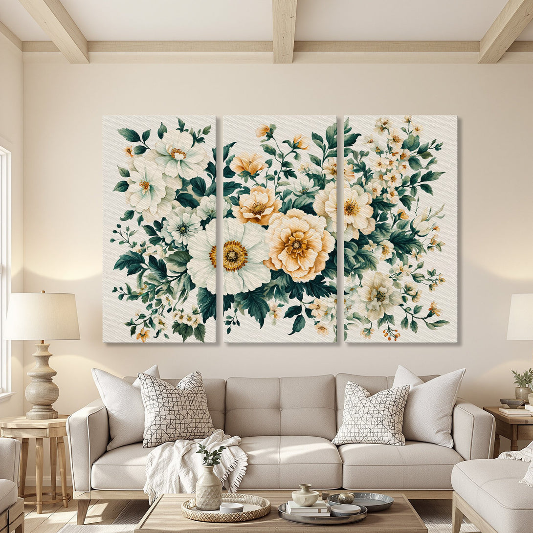 Canvas Print featuring a watercolor floral arrangement in soft ivory, green, and gold hues. Perfect for a serene living room.