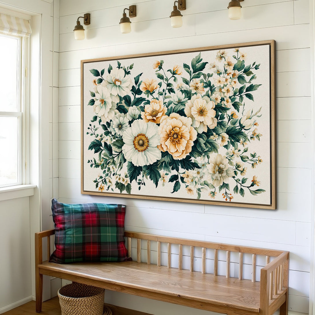 Framed Wall Art: Floral canvas print with cream, green, and gold tones. Perfect for farmhouse decor. Enhance your space with this elegant botanical artwork.