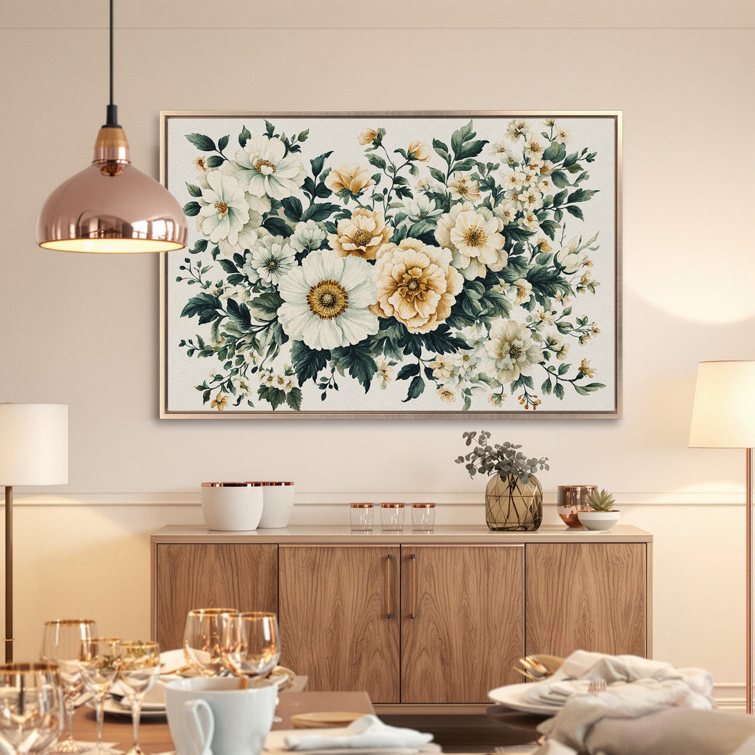 Framed Wall Art: Elegant floral print in soft white, yellow, and green. Perfect for adding a touch of nature and sophistication to your home decor.