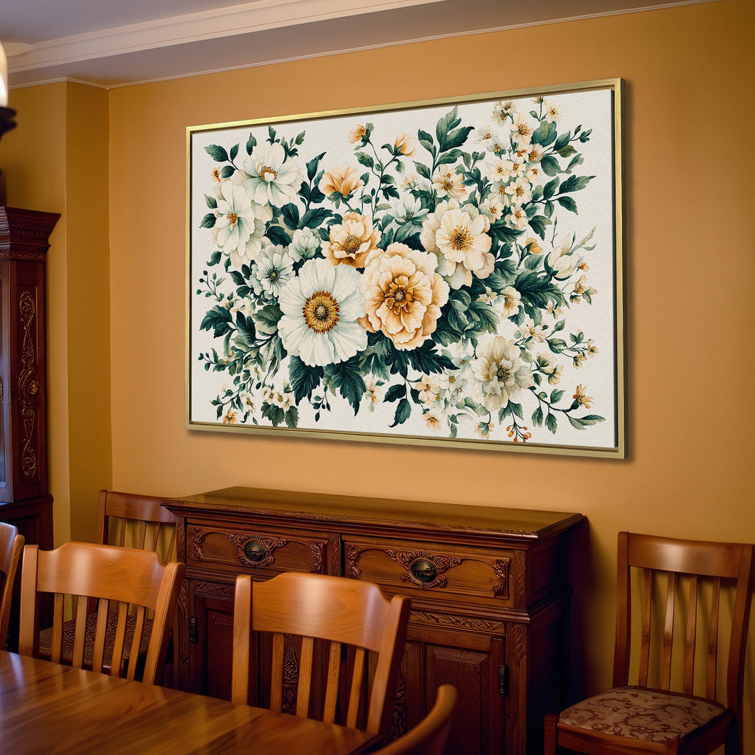 Canvas Print featuring a floral watercolor design in cream, white, and gold tones. Perfect for adding a touch of elegance to any space.