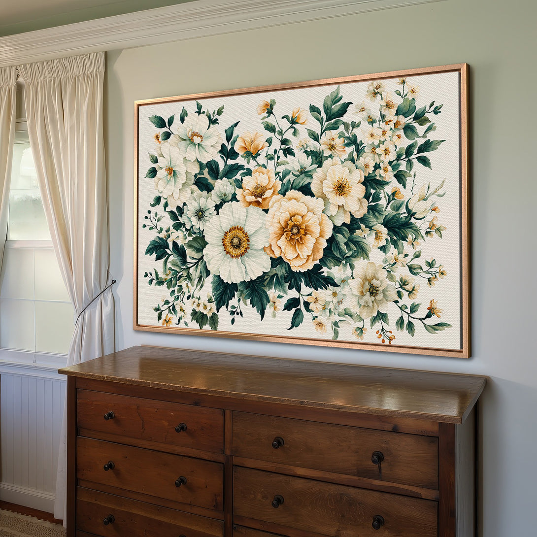 Framed Wall Art: Elegant floral Canvas Print with a watercolor effect, featuring white, yellow, and green blooms. Perfect for adding a touch of nature to your home decor.