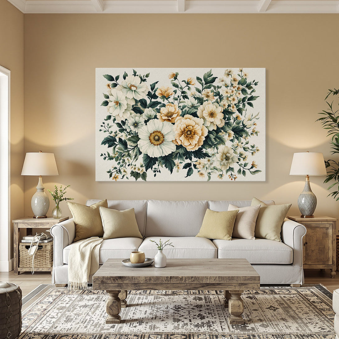Framed Wall Art featuring elegant floral artwork in a warm, neutral color palette. Adds a touch of sophistication to any interior space.