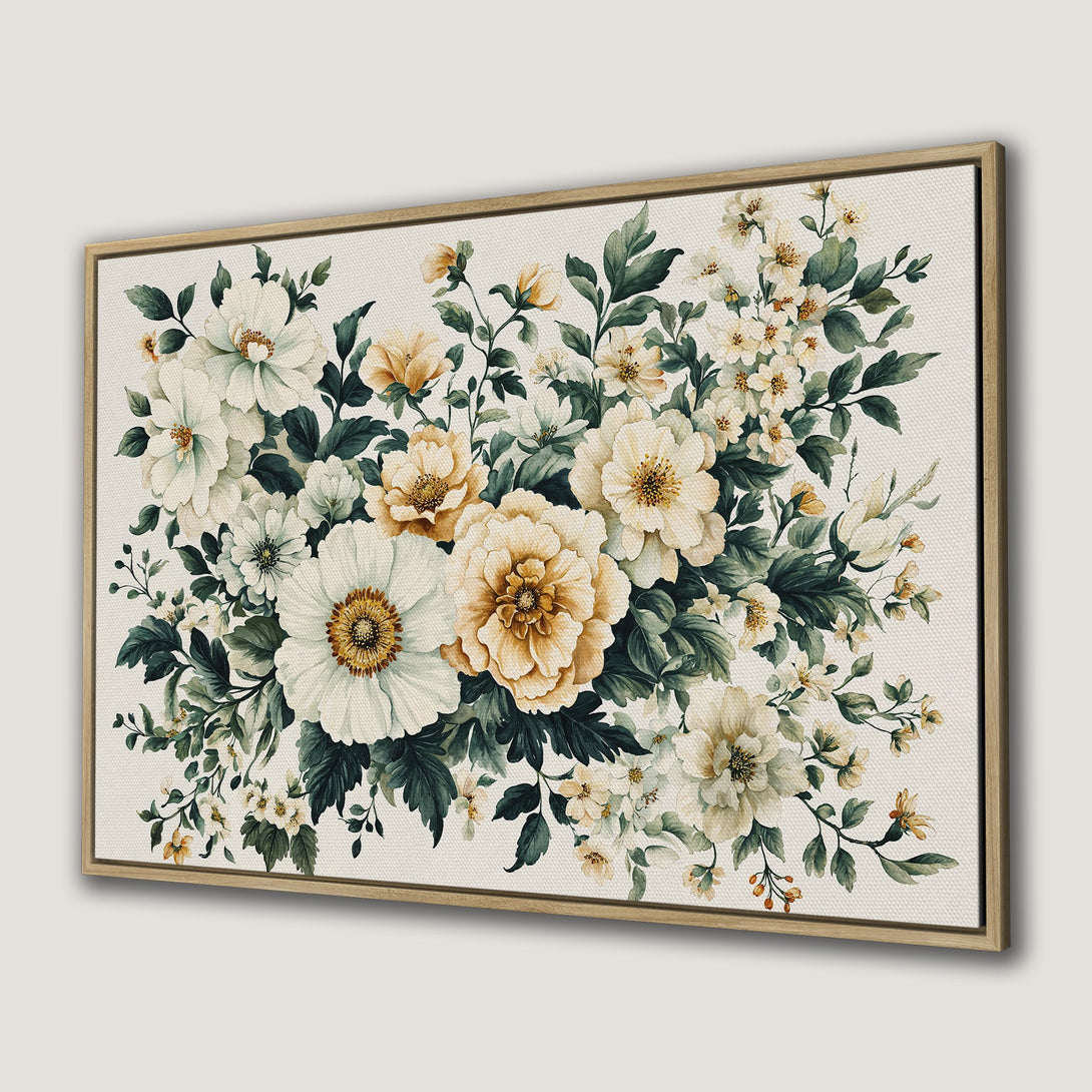 Framed Wall Art featuring a watercolor floral bouquet in soft ivory, gold, and green hues. Perfect for adding a touch of elegance to any space.