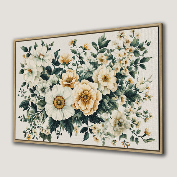Framed Wall Art featuring a watercolor floral bouquet in soft ivory, gold, and green hues. Perfect for adding a touch of elegance to any space.
