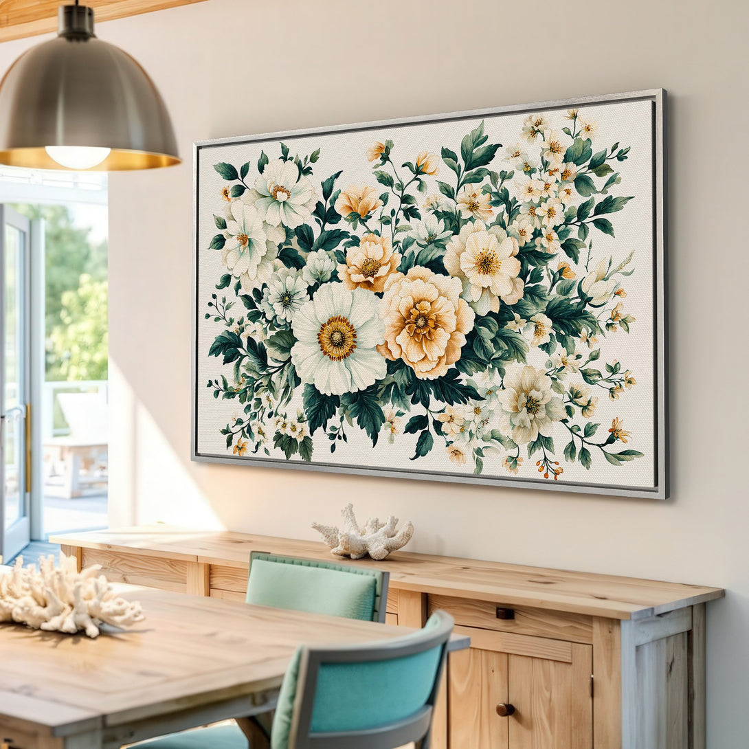 Framed Wall Art featuring a watercolor floral bouquet in cream, yellow, and green tones. Perfect for adding a touch of elegance to any interior.