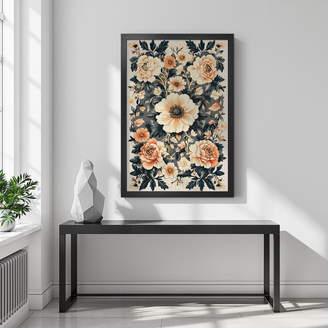 Framed Poster featuring floral art in a vintage style with a warm, neutral color palette. Perfect wall decor for any room.