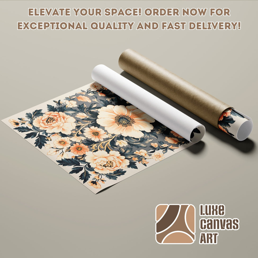 Floral Poster Roll featuring a vintage botanical design in peach and teal tones. Elevate your decor with this art print!