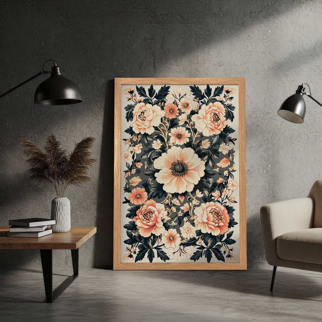 Framed Poster featuring a floral design in a vintage style with a peach and teal color palette. Perfect wall art!