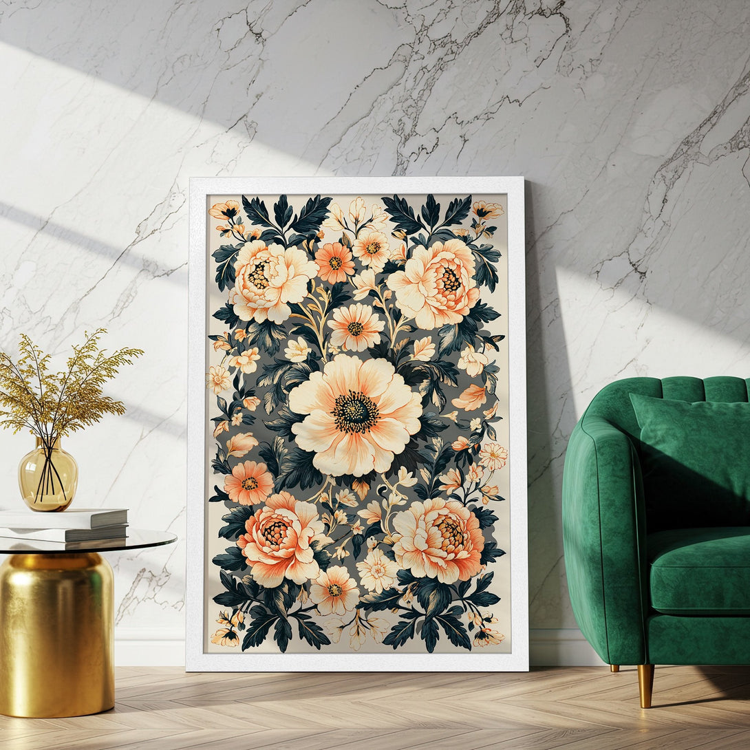 Framed Poster featuring floral art in a vintage style with peach, cream, and teal tones. Perfect wall decor!