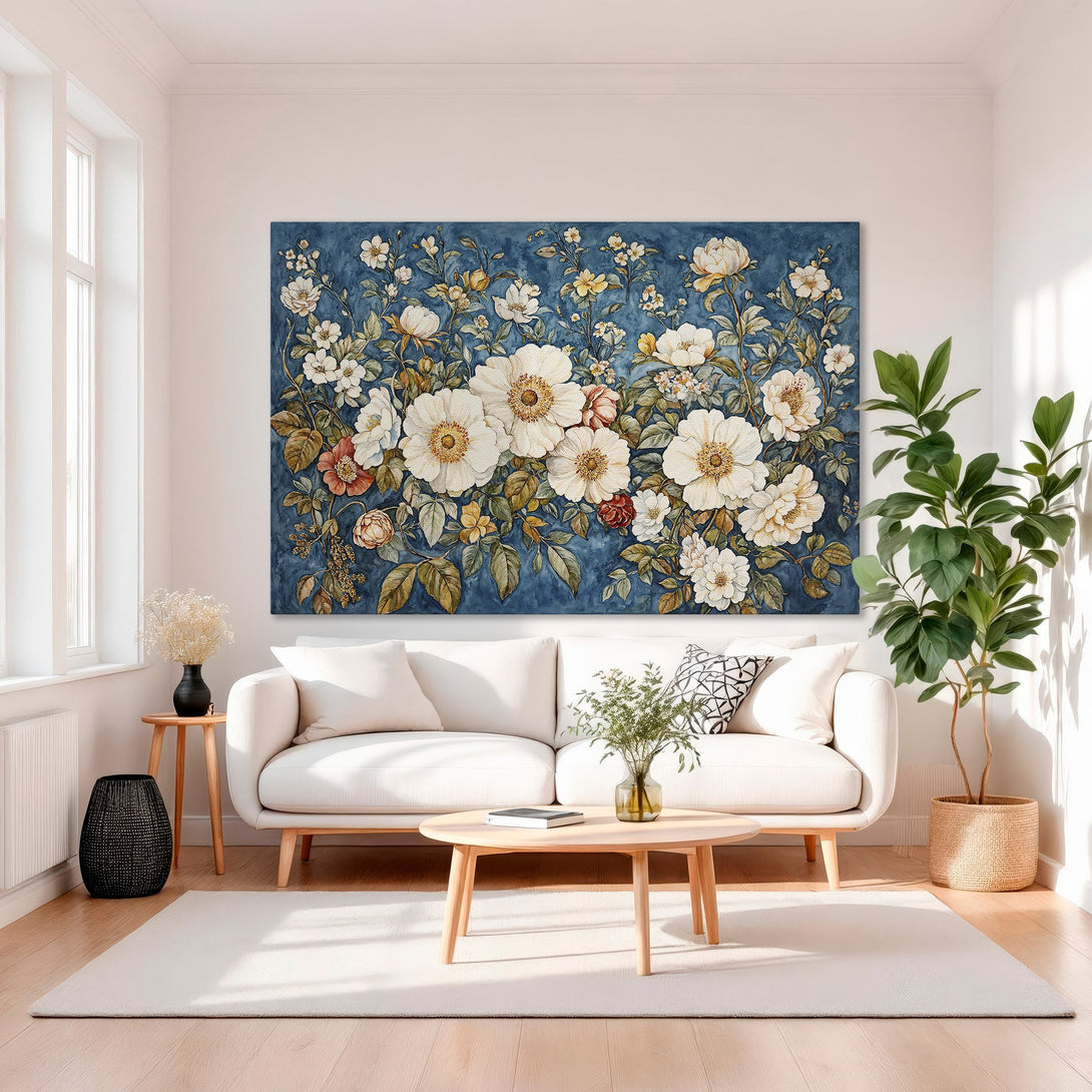 Framed Wall Art: Floral Canvas Print in blue, white, and gold. Elegant botanical art for living room decor.