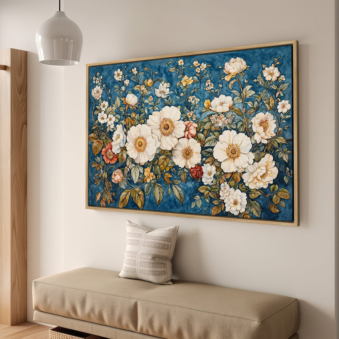 Framed Wall Art featuring a floral watercolor painting in a blue and cream color palette. Perfect for adding a touch of elegance to any room.