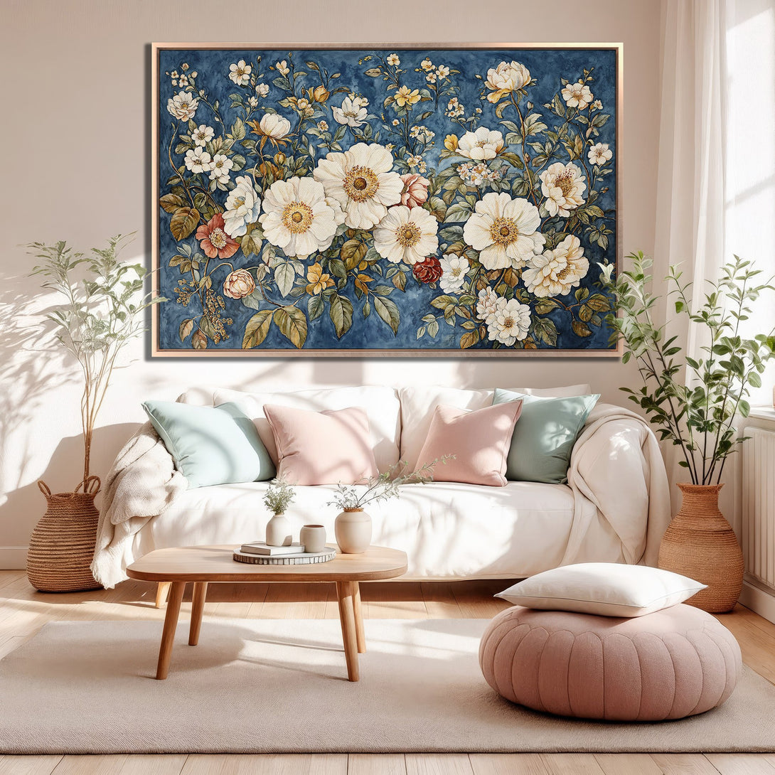 Framed Wall Art: Watercolor floral Canvas Print in blue, white, and blush tones. Perfect for adding a touch of elegance to your living room.