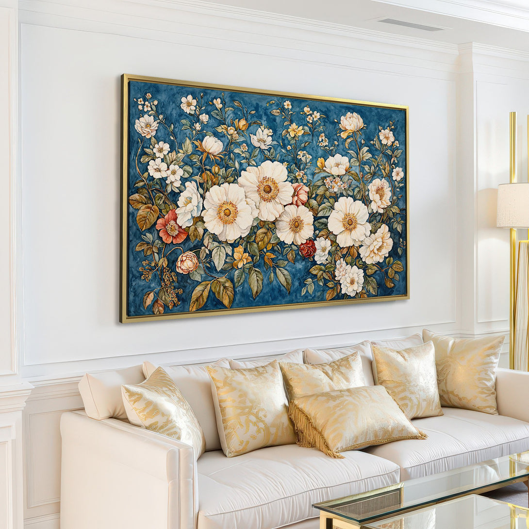 Canvas Print of elegant floral art in blue, white, and green, perfect for adding a touch of sophistication to your living room.