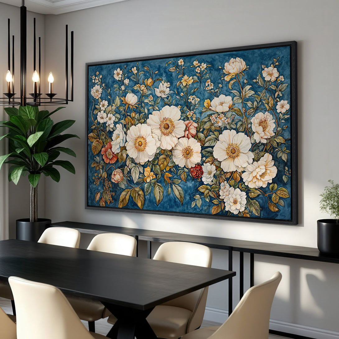 Framed Wall Art: Stunning floral Canvas Print in a dining room. Features a watercolor style with white, yellow, and blue hues, perfect for adding elegance to your space.