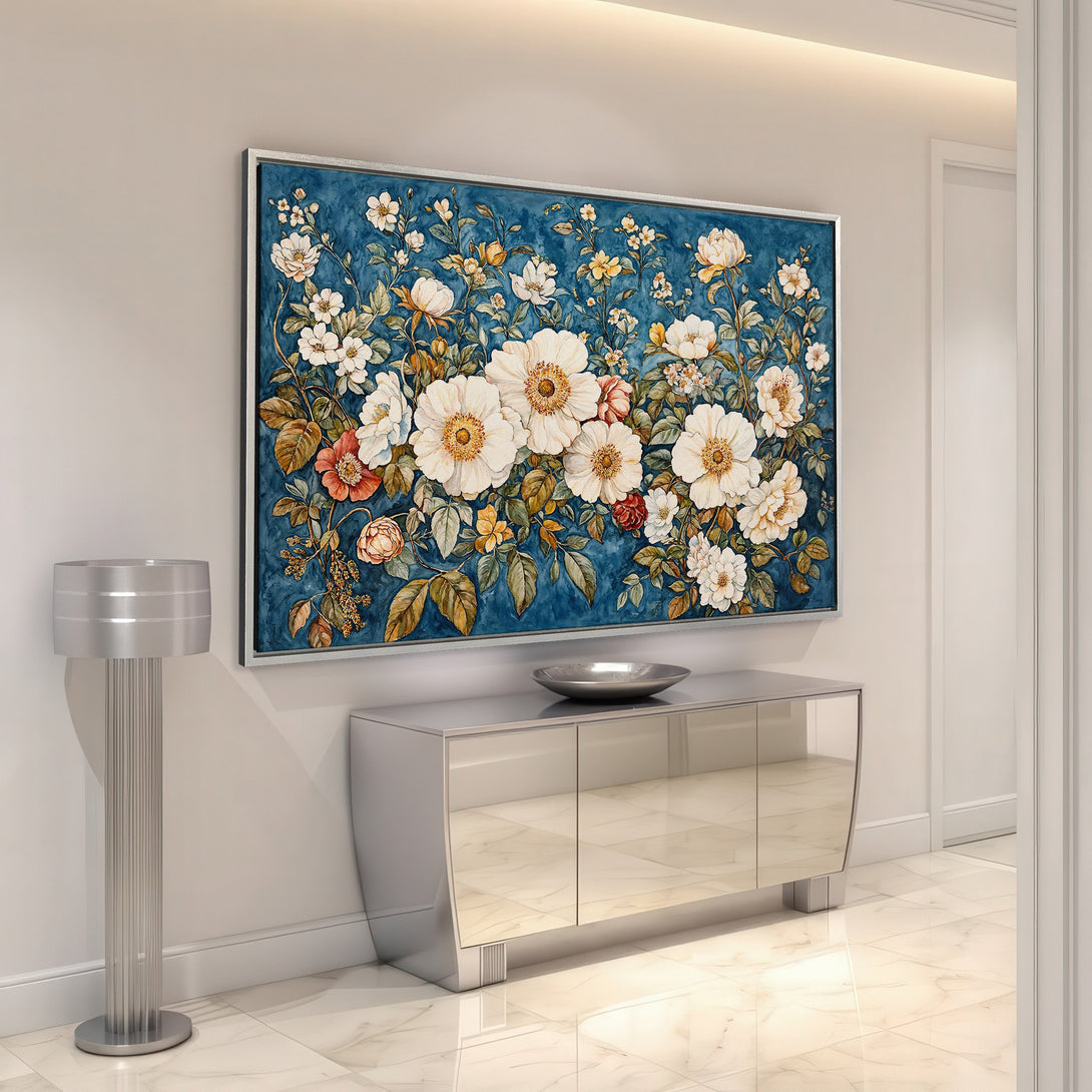 Framed Wall Art featuring a floral watercolor design in a blue, cream, and gold color palette, perfect for adding elegance to any interior.